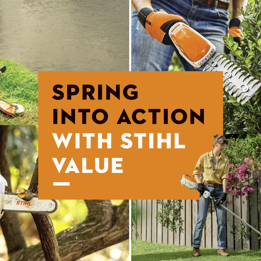 STIHL advertisement with images of people using gardening tools and promotional text.