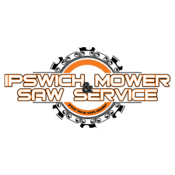 Ipswich Mower and Saw Service Logo. Logo of chainsaw chain in a circle with the name through the middle in white orange and black. 