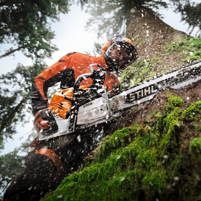 Person using a Stihl Petrol chainsaw to cut a tree in a forest