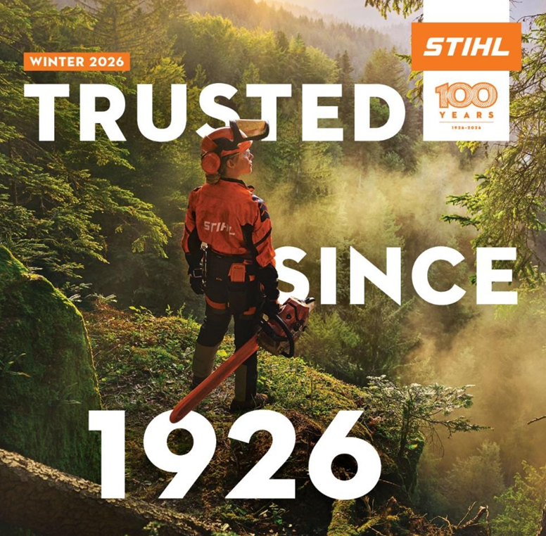 Person in STIHL gear holding a chainsaw in a forest with branding and text overlay.