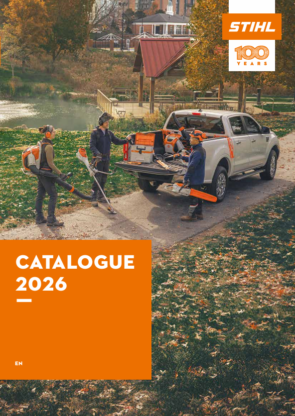STIHL catalogue cover with people around a truck in an outdoor setting