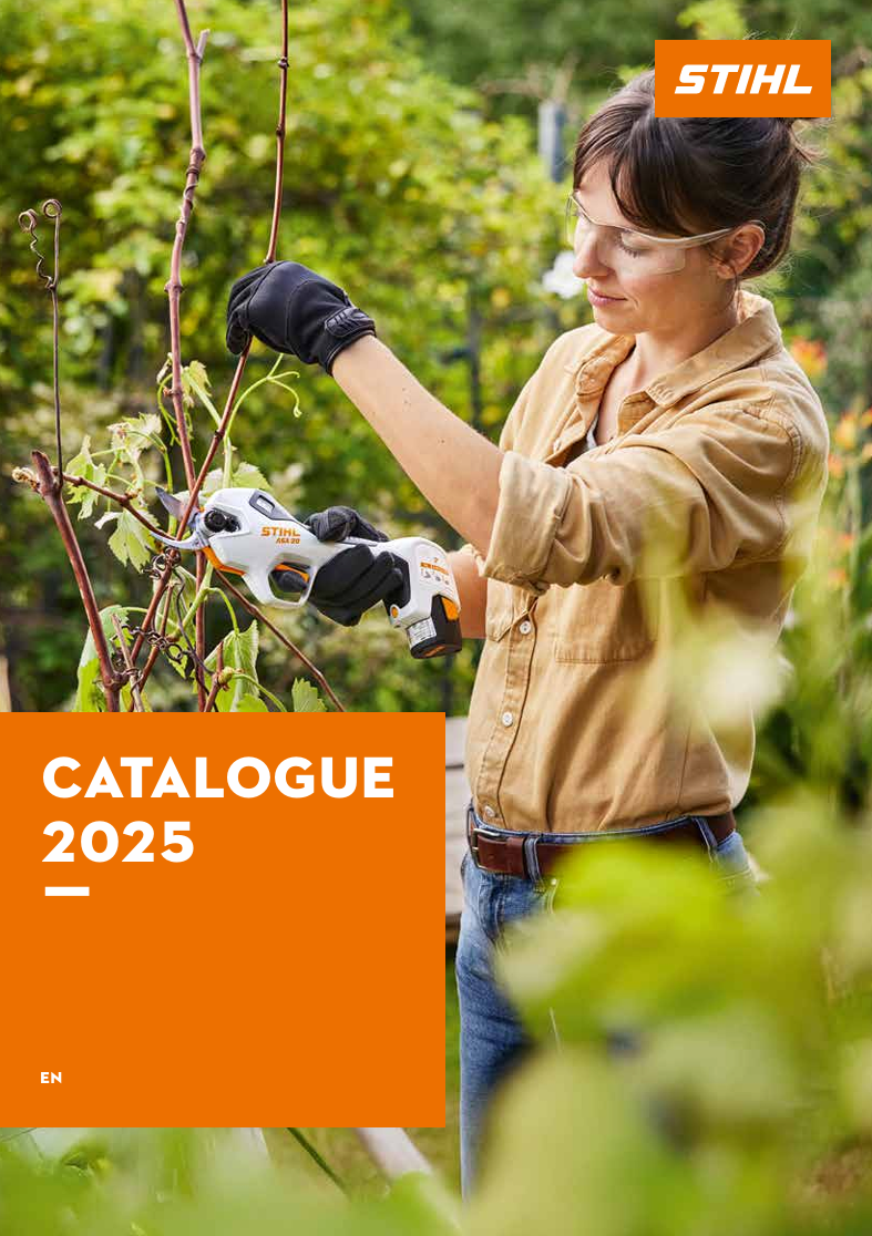 Person using a power tool with 'STIHL' branding and 'CATALOGUE 2025' text on an orange background.
