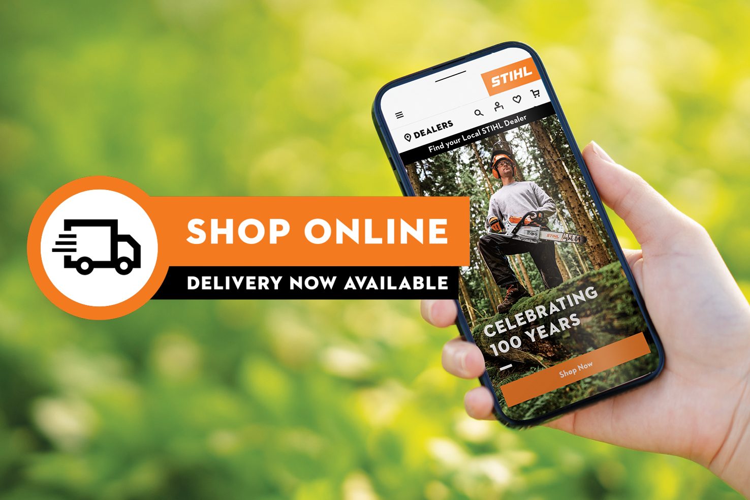 Hand holding a smartphone displaying a Stihl shopping app with a promotional banner for online shopping and delivery.